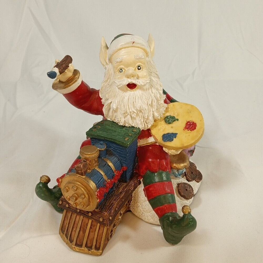 Holiday Christmas Santa Elf Riding Train w/ Paintbrush, Hand painted, Ceramic